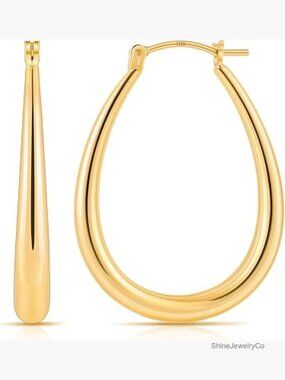 14K Gold Plated Chunky Oval Hoop Earrings, Hypoallergenic Sterling Silver Post